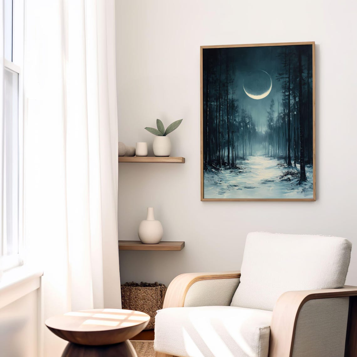 Dark Moonlit Pine Forest Path With Glowing Crescent Moon Poster - Image 5