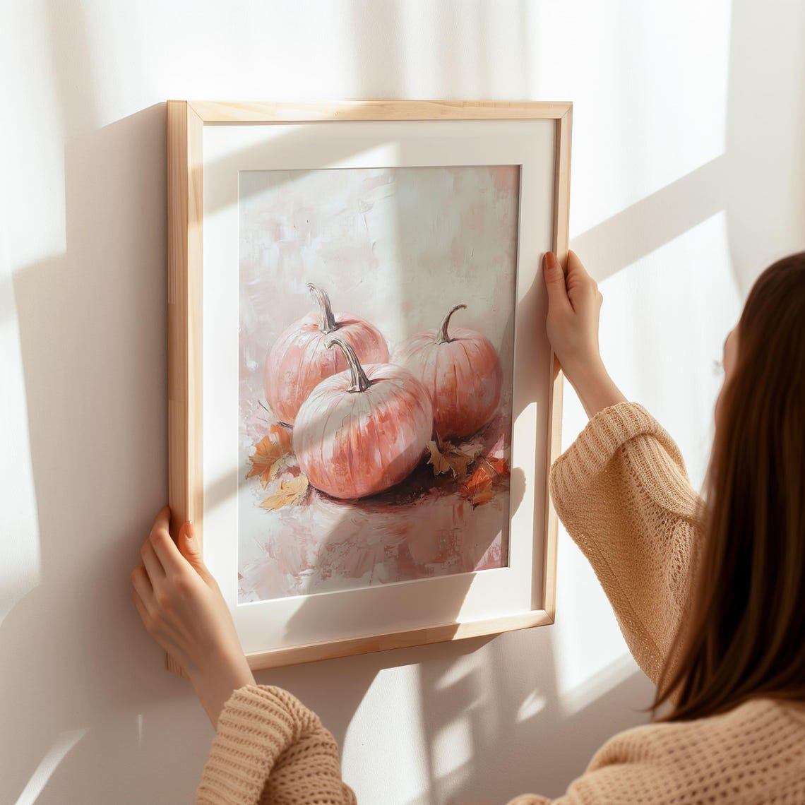 Pink Pumpkins Autumn Leaves Soft Fall Still Life Painting Wall Art - Image 7