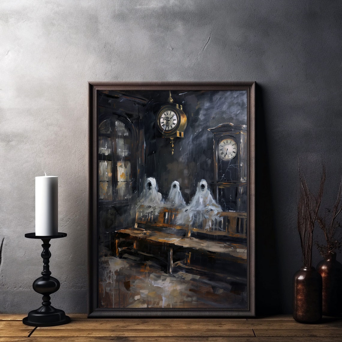 Three Ghosts in Old Waiting Room Clock Dark Gothic Art Poster - Image 3