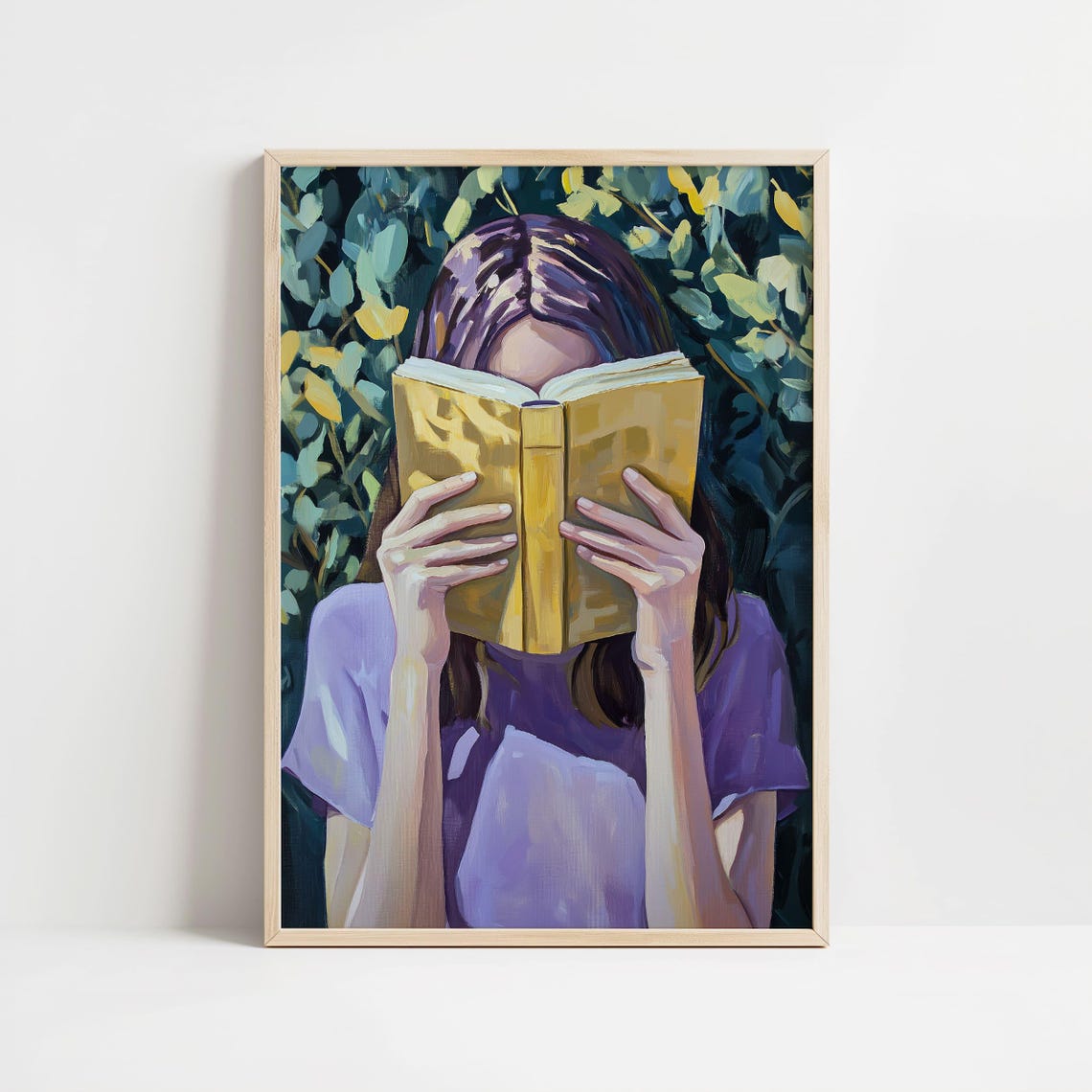 Woman Reading with Book Covering Her Face Among Green Foliage Poster - Image 8