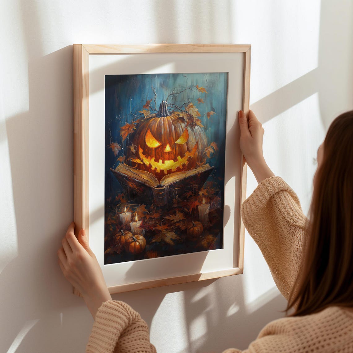 Spooky Glowing Pumpkin Reading Open Book Halloween Night Poster - Image 6