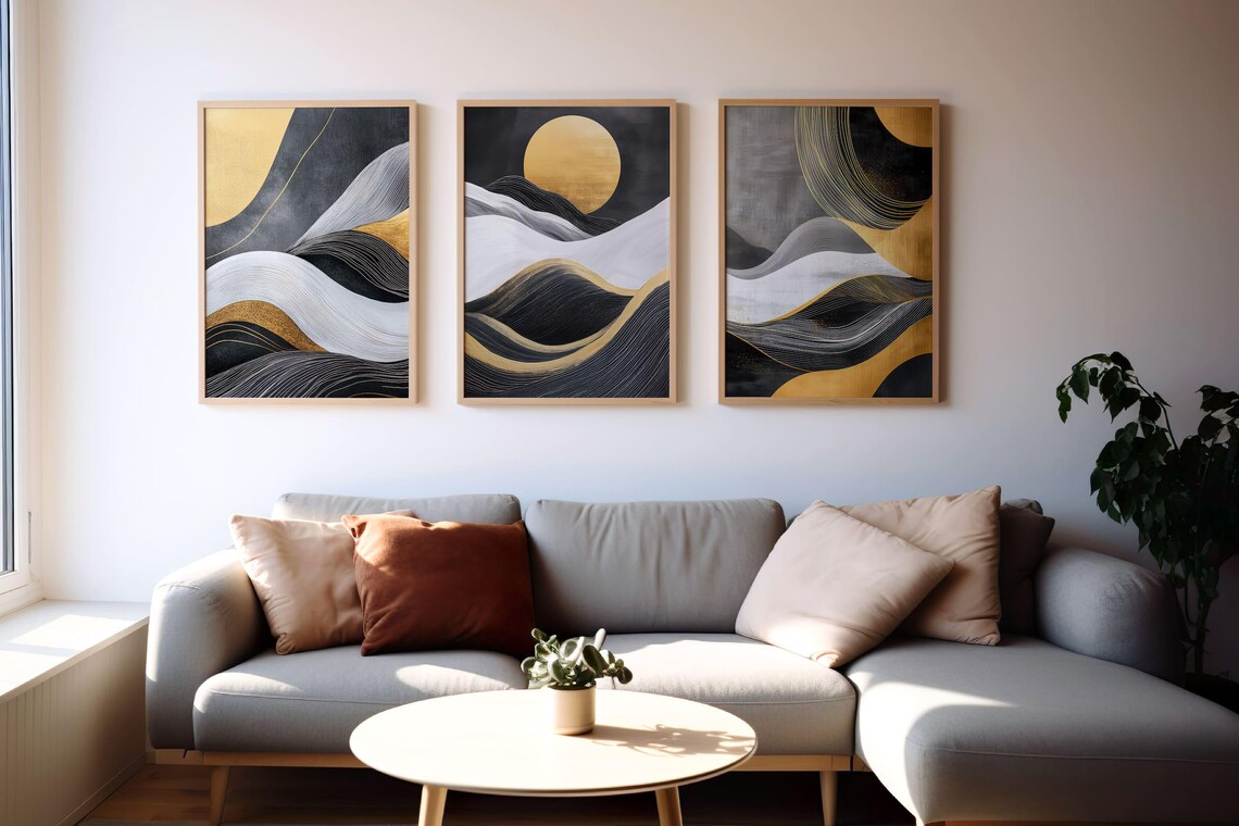 Set of Three Black and Gold Abstract Waves with Golden Sun Art Poster - Image 3