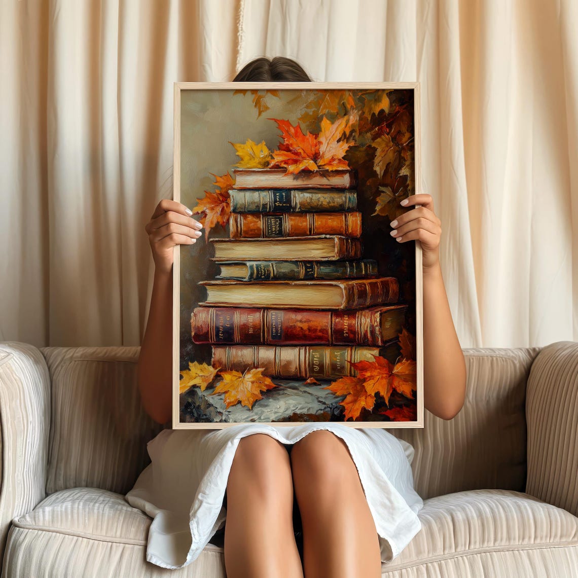 Vintage Stack of Antique Books With Autumn Maple Leaves Poster - Image 3