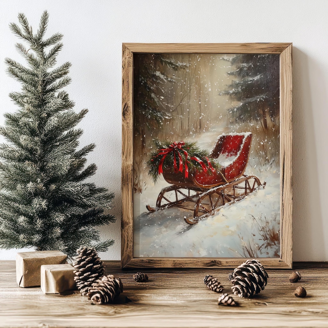 Vintage Winter Sleigh Christmas Wall Art, Rustic Holiday Decor - Image 3