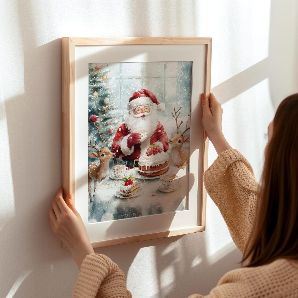 Santa Claus Tea Party With Reindeer Watercolor Christmas Poster - Image 8