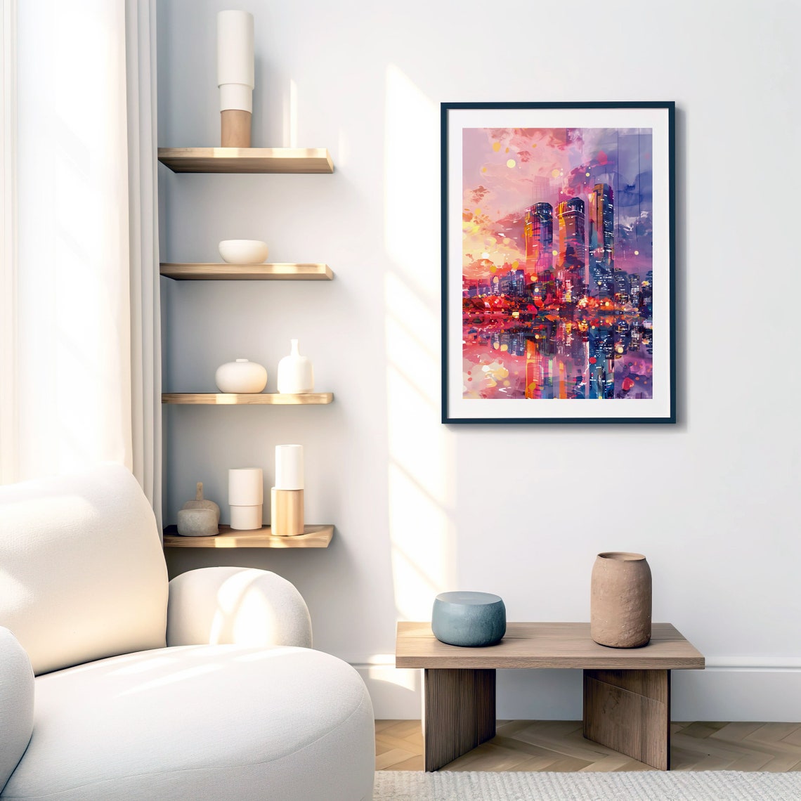 Modern Cityscape Sunset Neon Watercolor Urban Skyline Decor Wall Art - Image 8