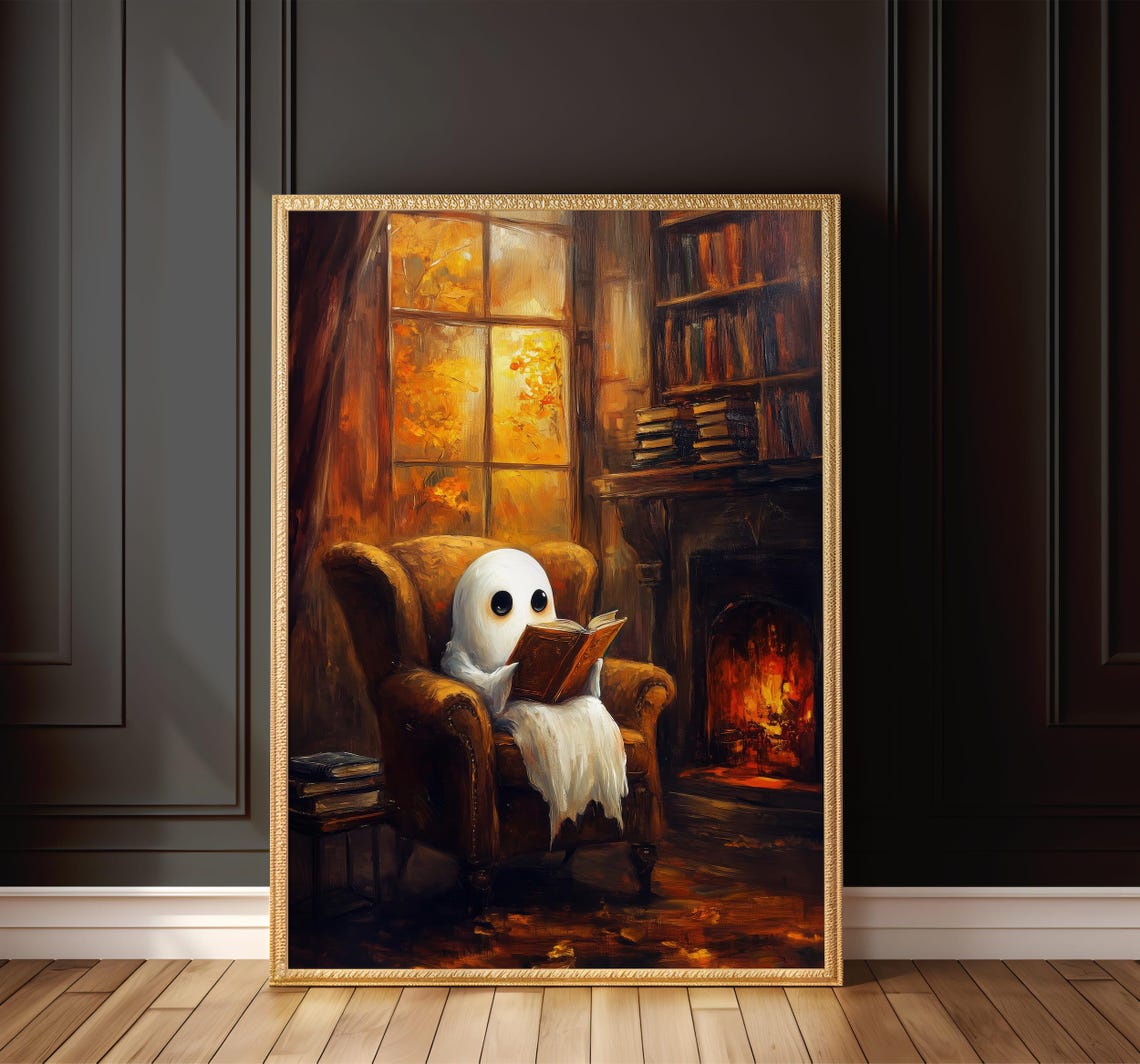 Cozy Ghost Reading by Fireplace in Dark Academia Library Poster