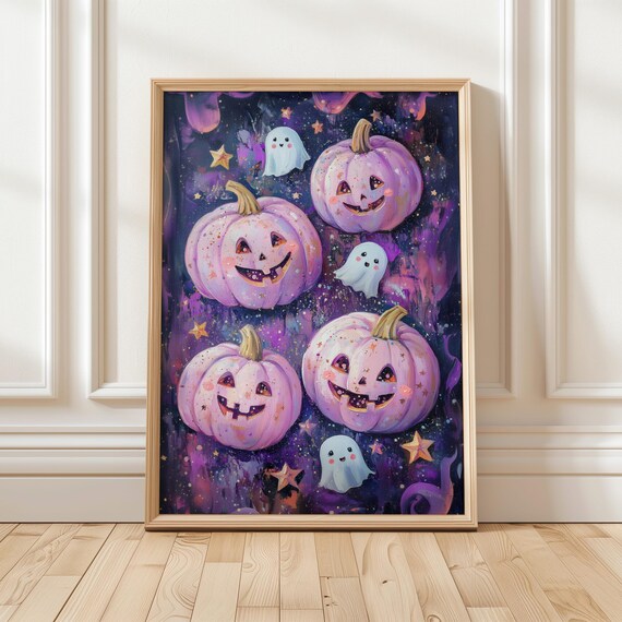 Pink Halloween Art Print Cute Pumpkin And Ghost Decor Spooky Cute Wall Art Pastel Halloween Decor