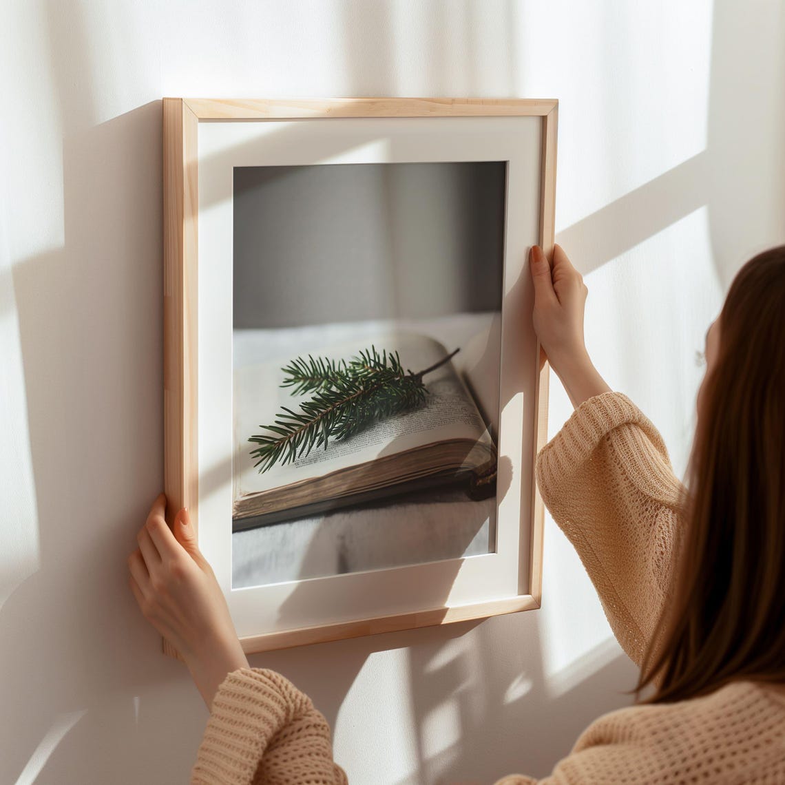 Evergreen Branch On Open Book Minimalist Winter Photo Poster - Image 7
