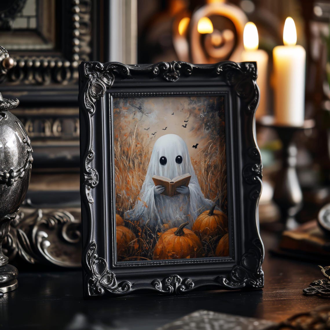 Cute Ghost Reading Book in Pumpkin Patch Halloween Night Poster - Image 6