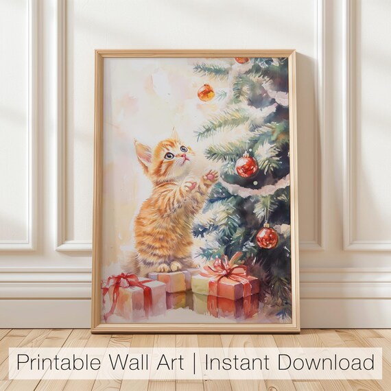 Christmas Kitten Wall Art Cat And Christmas Tree Printable Cute Holiday Decor Christmas Cat Art Xmas Poster Christmas Kitten Print