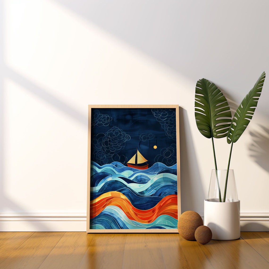 Golden Sailboat Night Waves Stylized Ocean Seascape Art Poster - Image 6