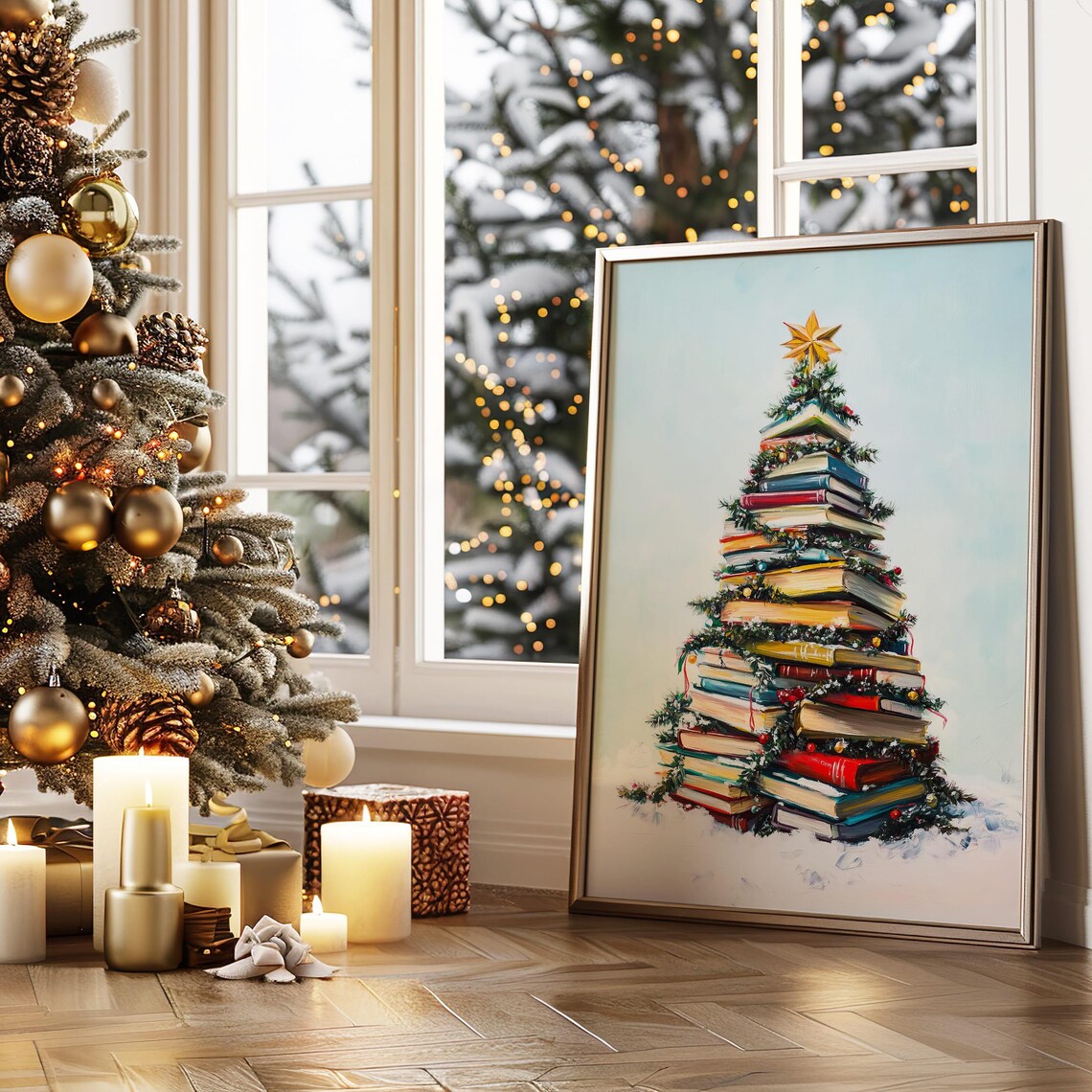 Christmas Tree Of Stacked Books Star Topper Holiday Art Poster - Image 5