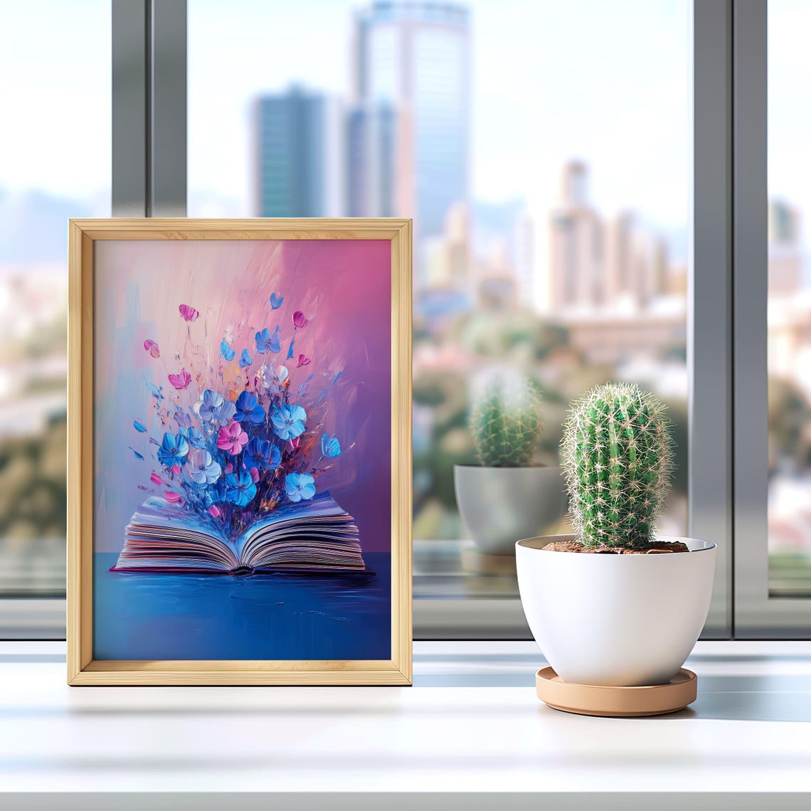 Blue Pink Flowers Rising From Open Book Dreamy Decor Art Poster - Image 2