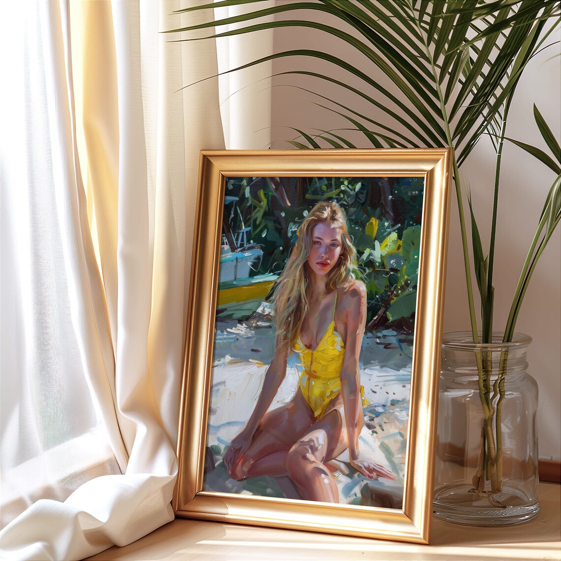 Woman in Yellow Swimsuit Tropical Beach Impressionist Art Poster - Image 3