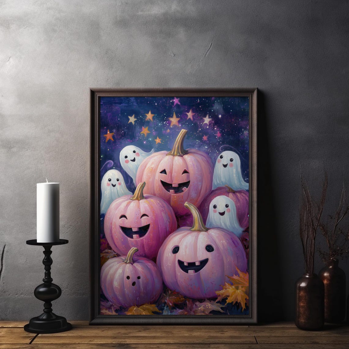Pink Pumpkins Happy Ghosts Starry Night Cute Halloween Season Poster - Image 6
