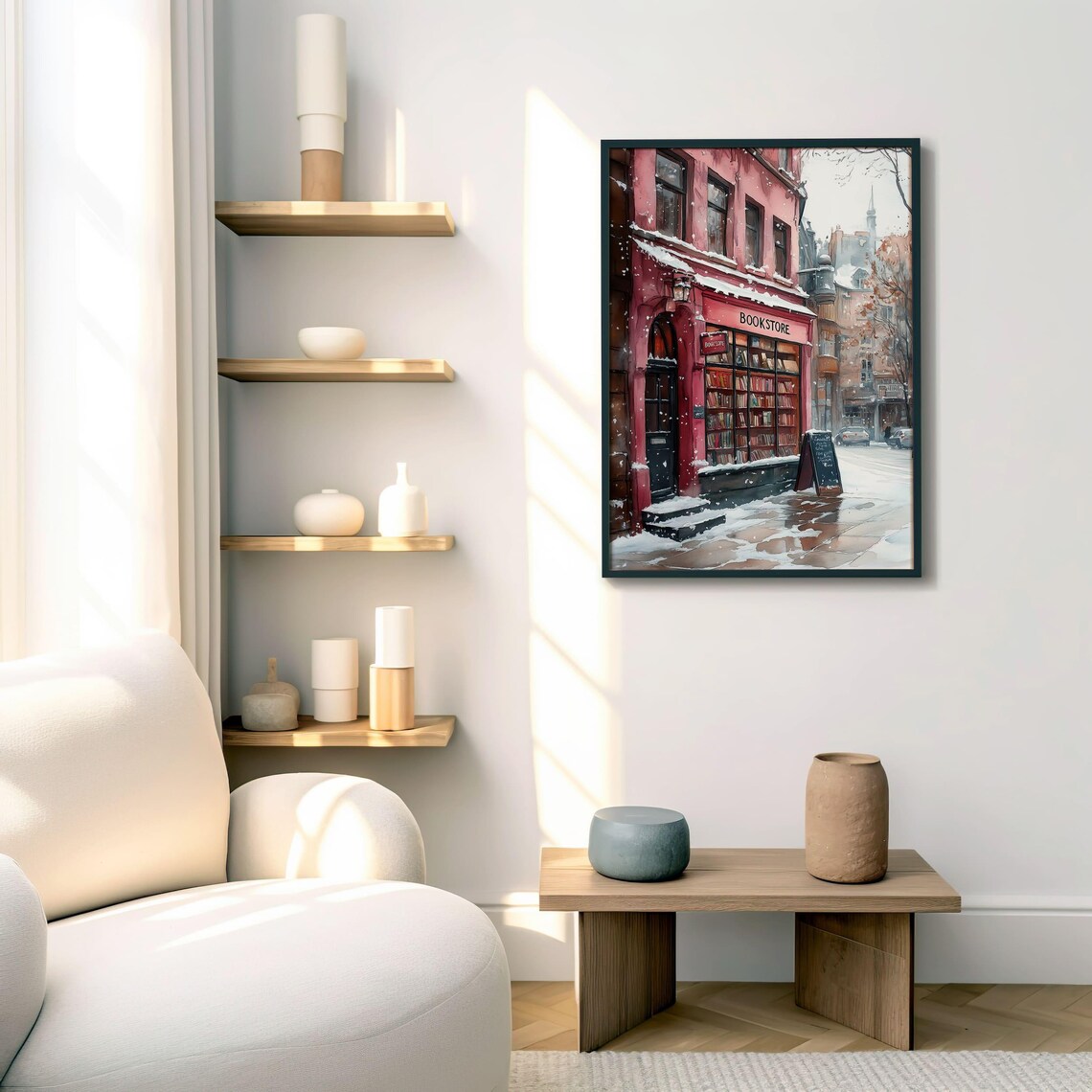 Red Bookstore Facade on a Snowy Winter Street Watercolor Poster - Image 7