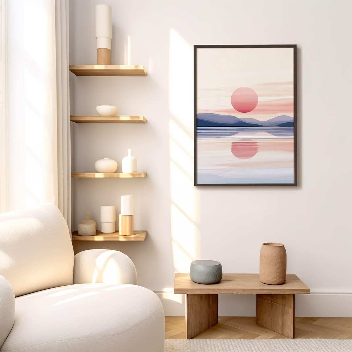Pink Sunset Over Mountain Lake Modern Minimalist Landscape Poster - Image 7
