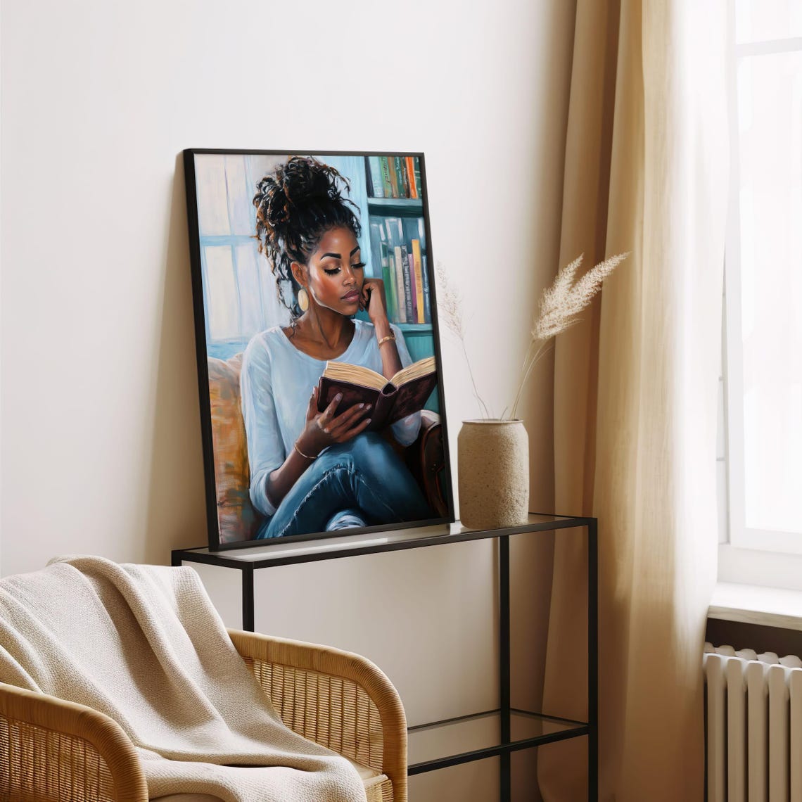 Beautiful Black Woman Reading Book by Window Cozy Library Scene Poster - Image 4
