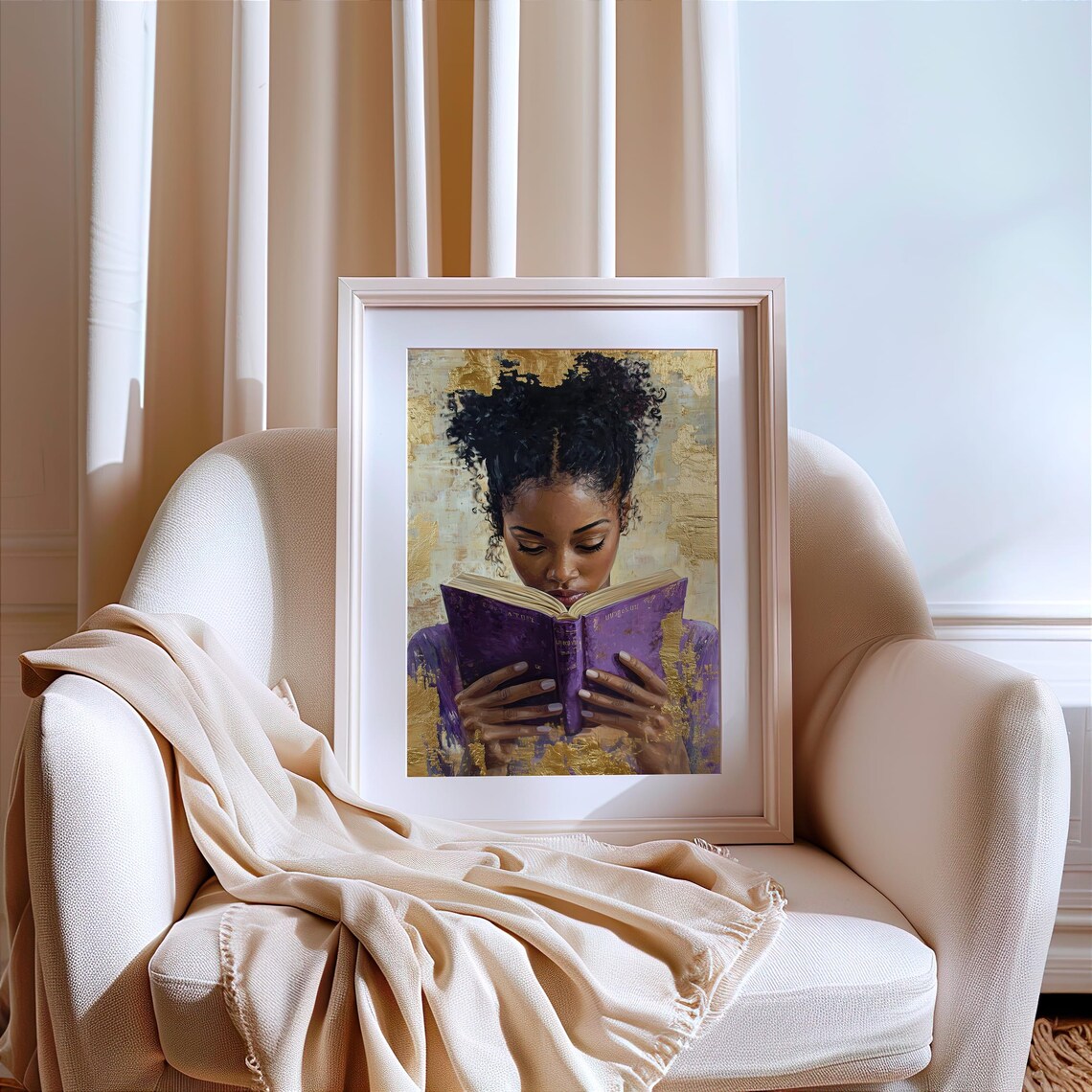 African American Woman Reading Purple Book Gold Leaf Art Poster - Image 3