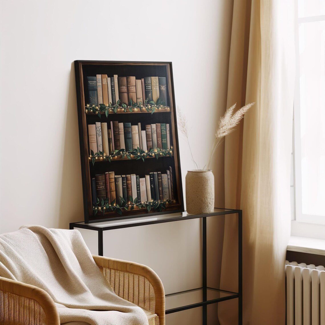 Cozy Vintage Bookshelf with Twinkling Fairy Lights Library Decor Poster - Image 8