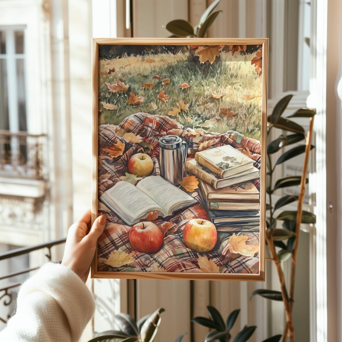 Autumn Picnic With Books Apples and Thermos Watercolor Poster - Image 8