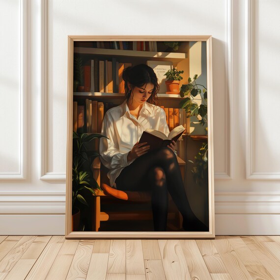 Woman Absorbed In A Book In Sunlit Home Library Corner Poster