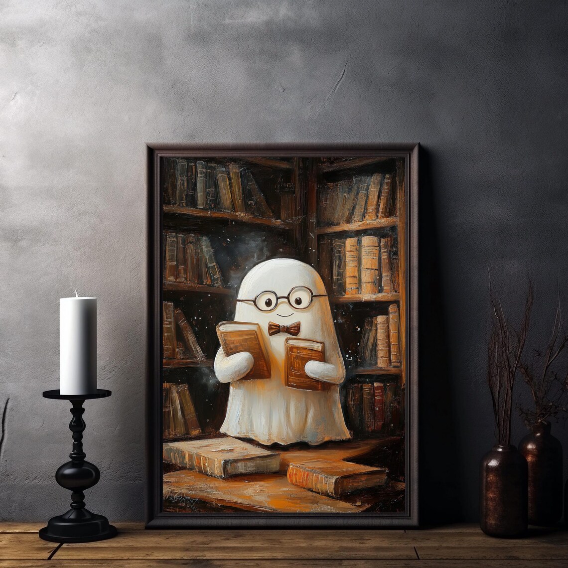 Library Ghost Art Print Cute Bookish Halloween Decor Spooky Ghost Reading Wall Art Cozy Print - Image 3