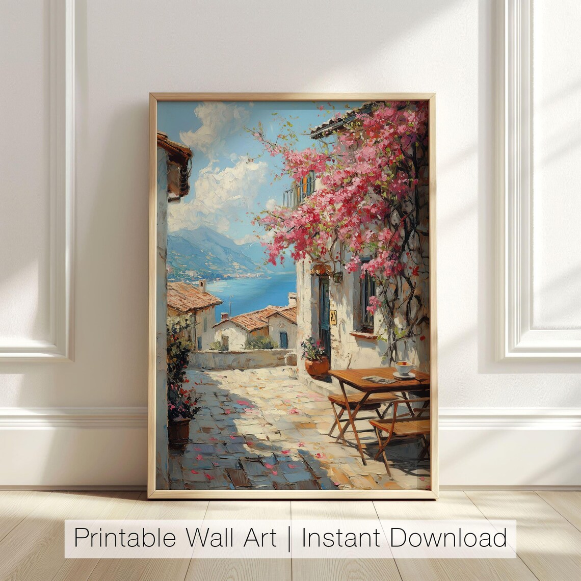Mediterranean Coastal Village Bougainvillea Seaside Alley Painting Poster