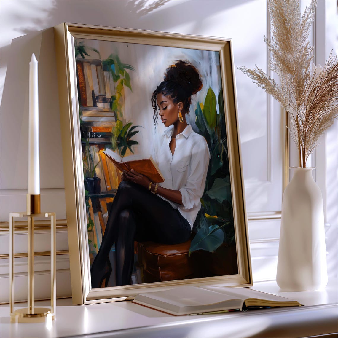 Black Woman With Top Knot Reading In Plant-Filled Library Poster - Image 2