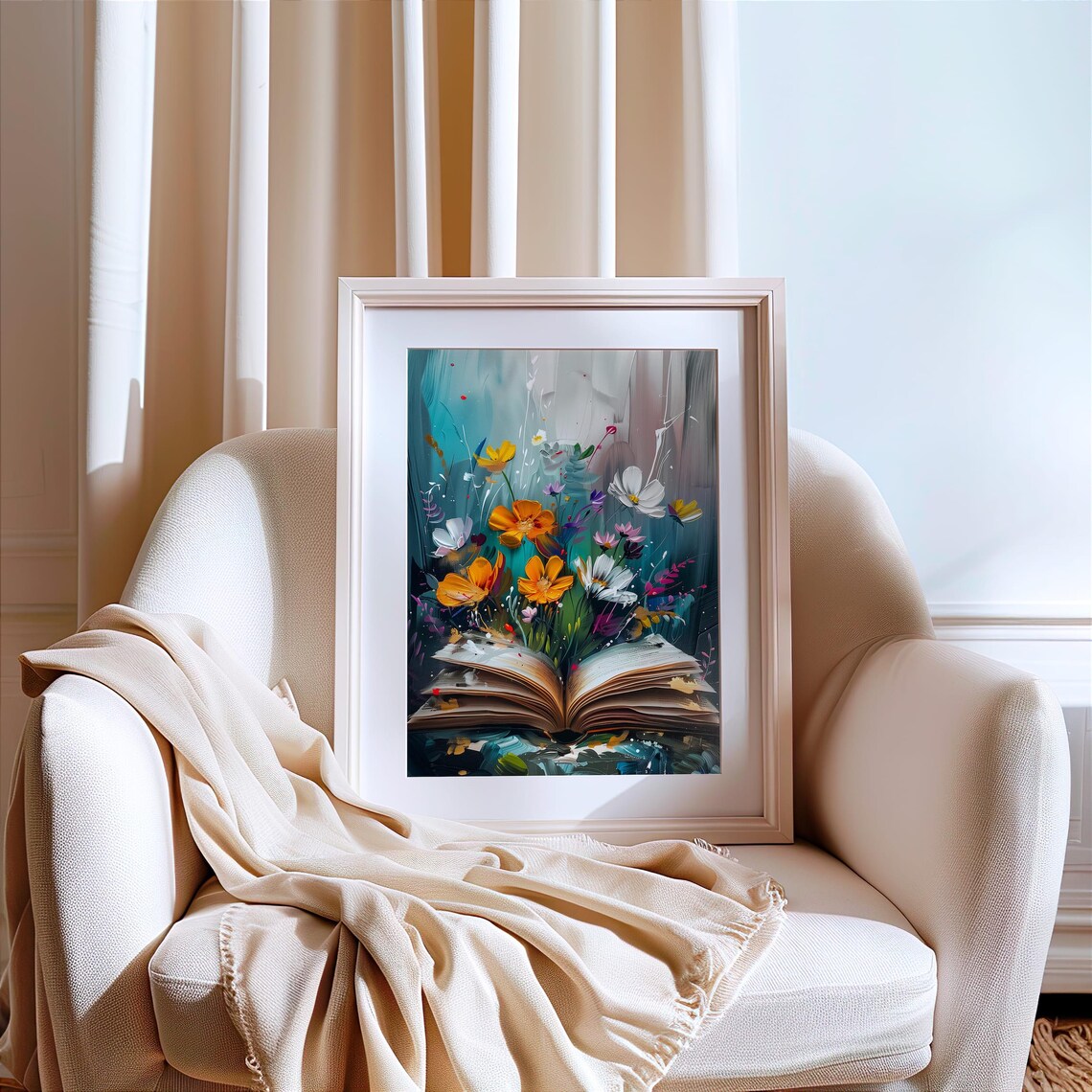 Wildflowers Blooming From Open Book Teal Floral Decor Art Poster - Image 2