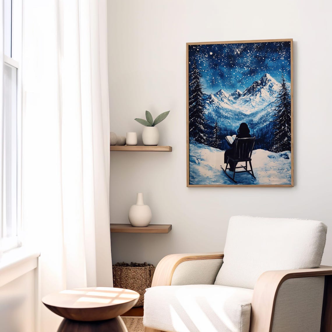 Reader in Rocking Chair Under Starry Night Snowy Mountain View Poster - Image 3