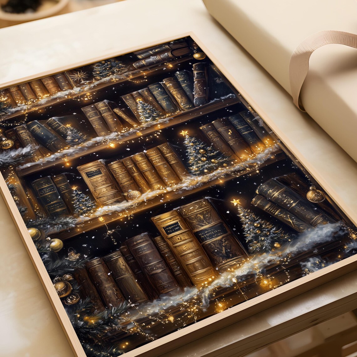 Christmas Bookshelf Art Print, Holiday Reading Nook - Image 6