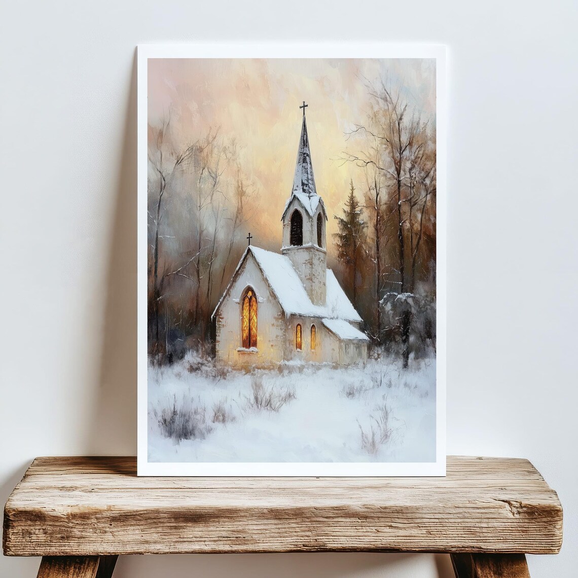 Vintage Winter Church Art Print, Rustic Landscape - Image 5
