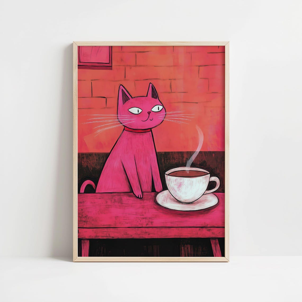Pink Cat With Coffee Cup Whimsical Kitchen Cafe Decor Poster - Image 8
