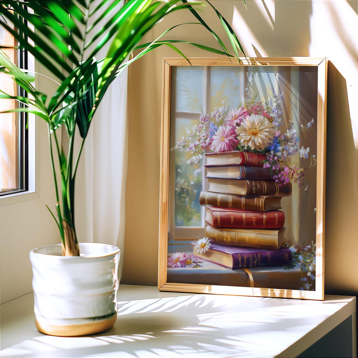 Vintage Books Stack With Flowers Window Literary Decor Poster - Image 3
