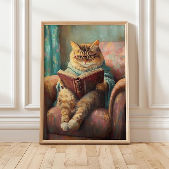 Whimsical Cat Reading Art Print Book Lover Cozy Decor Cute Cat Wall Art Library Home Decor