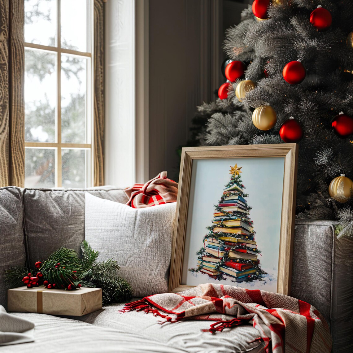 Christmas Tree Of Stacked Books Star Topper Holiday Art Poster - Image 6