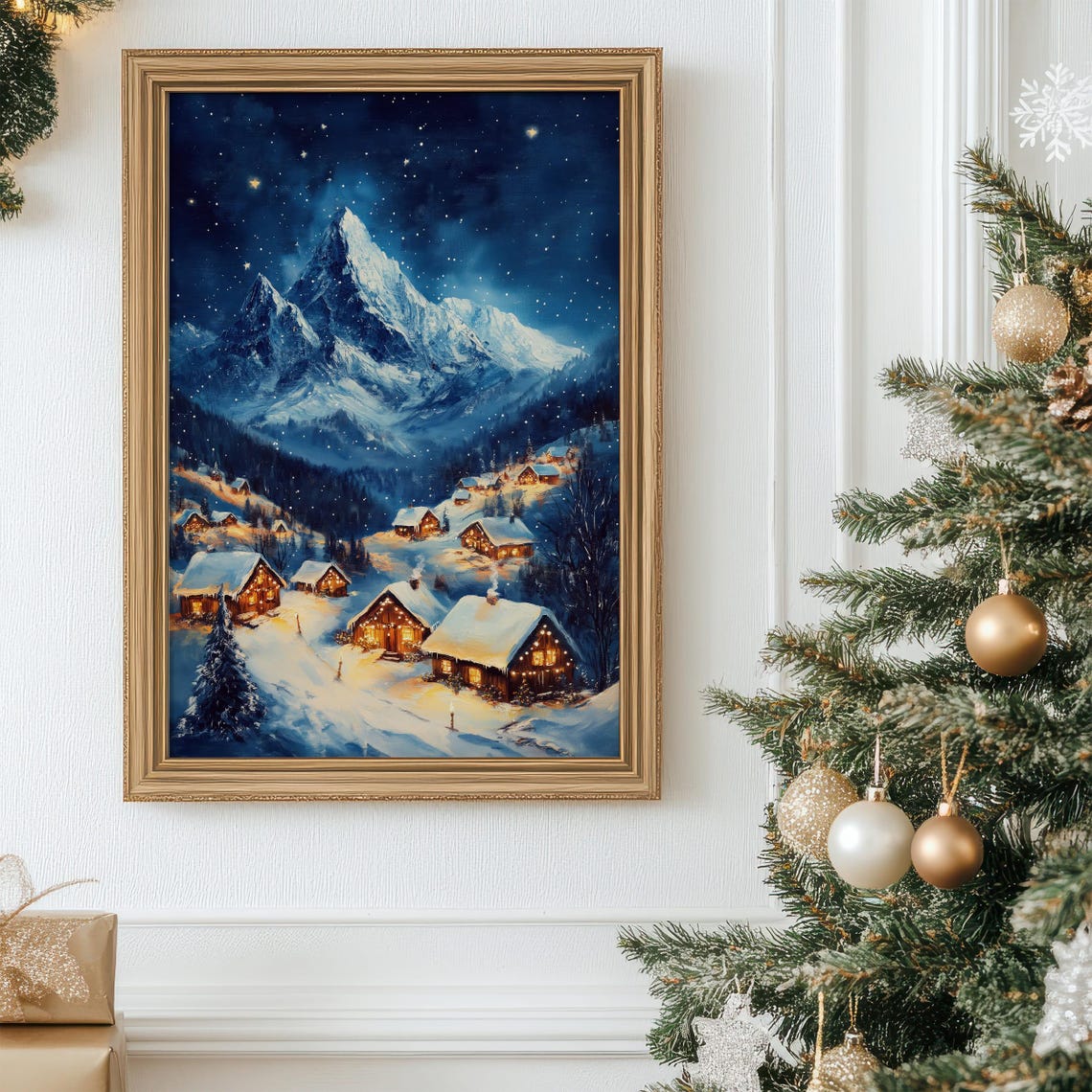 Starry Night Snowy Village Beneath Towering Mountain Peaks Poster - Image 7
