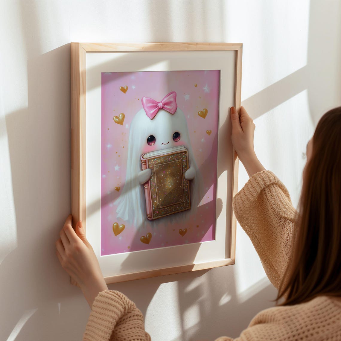 Cute Pink Ghost With Bow Holding Glitter Book Halloween Poster - Image 7