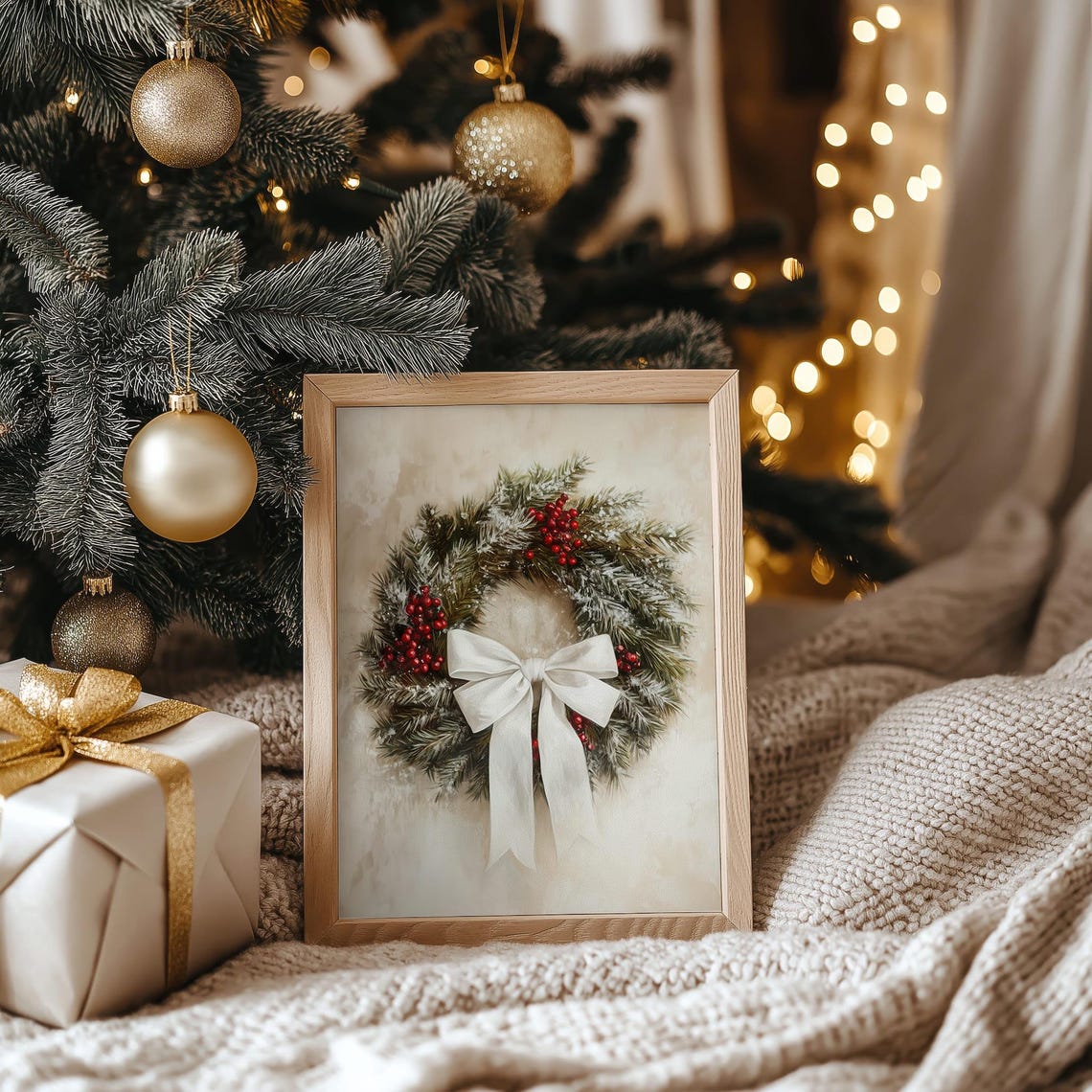 Vintage Christmas Wreath With White Bow Red Berries Pine Poster - Image 4