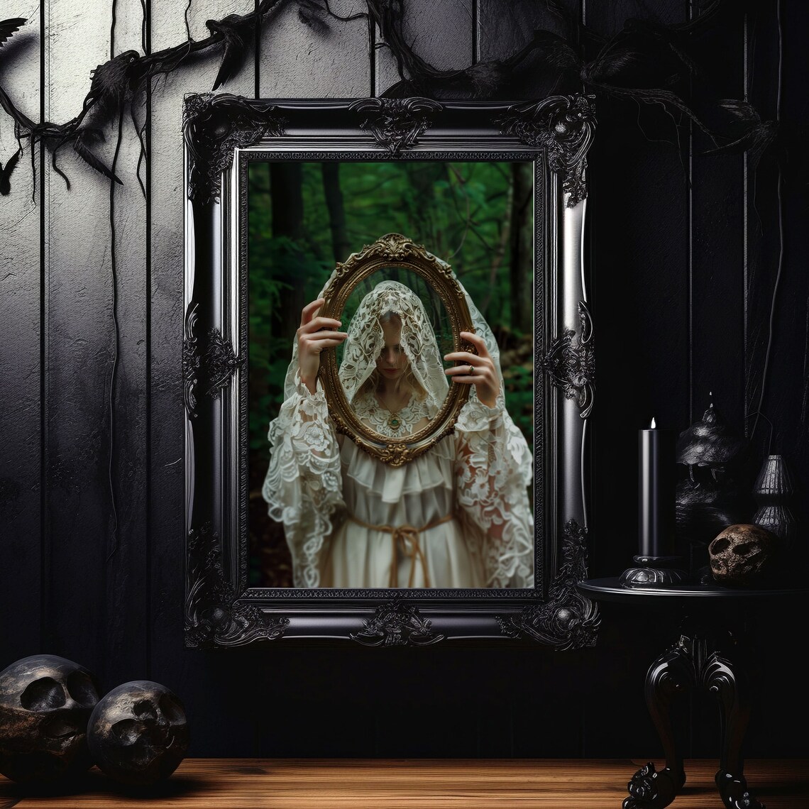 Dark Academia Woman Holding Golden Mirror In Forest Moody Art Poster - Image 2