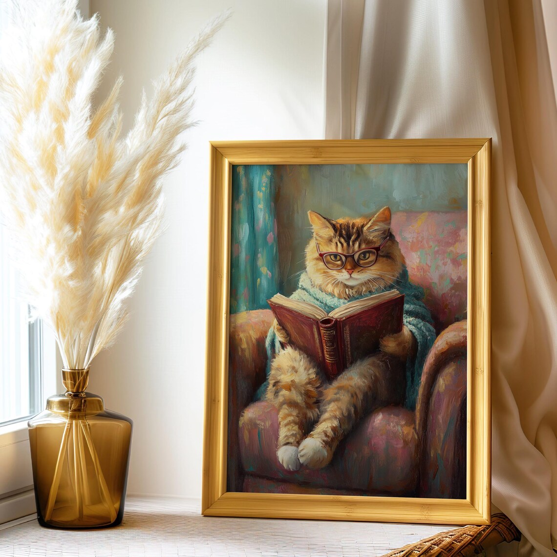 Whimsical Cat Reading Art Print Book Lover Cozy Decor Cute Cat Wall Art Library Home Decor - Image 3
