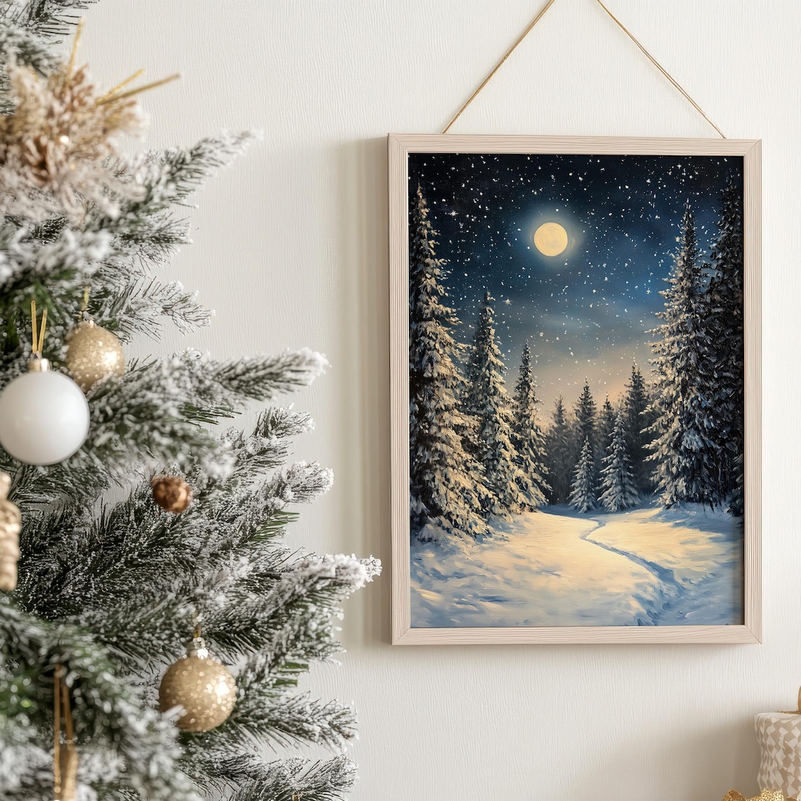 Winter Moon Forest Art Print, Snowy Night Scene - Image 7