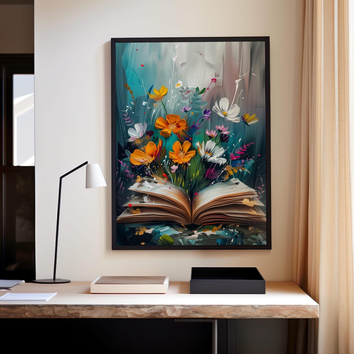 Wildflowers Blooming From Open Book Teal Floral Decor Art Poster - Image 3