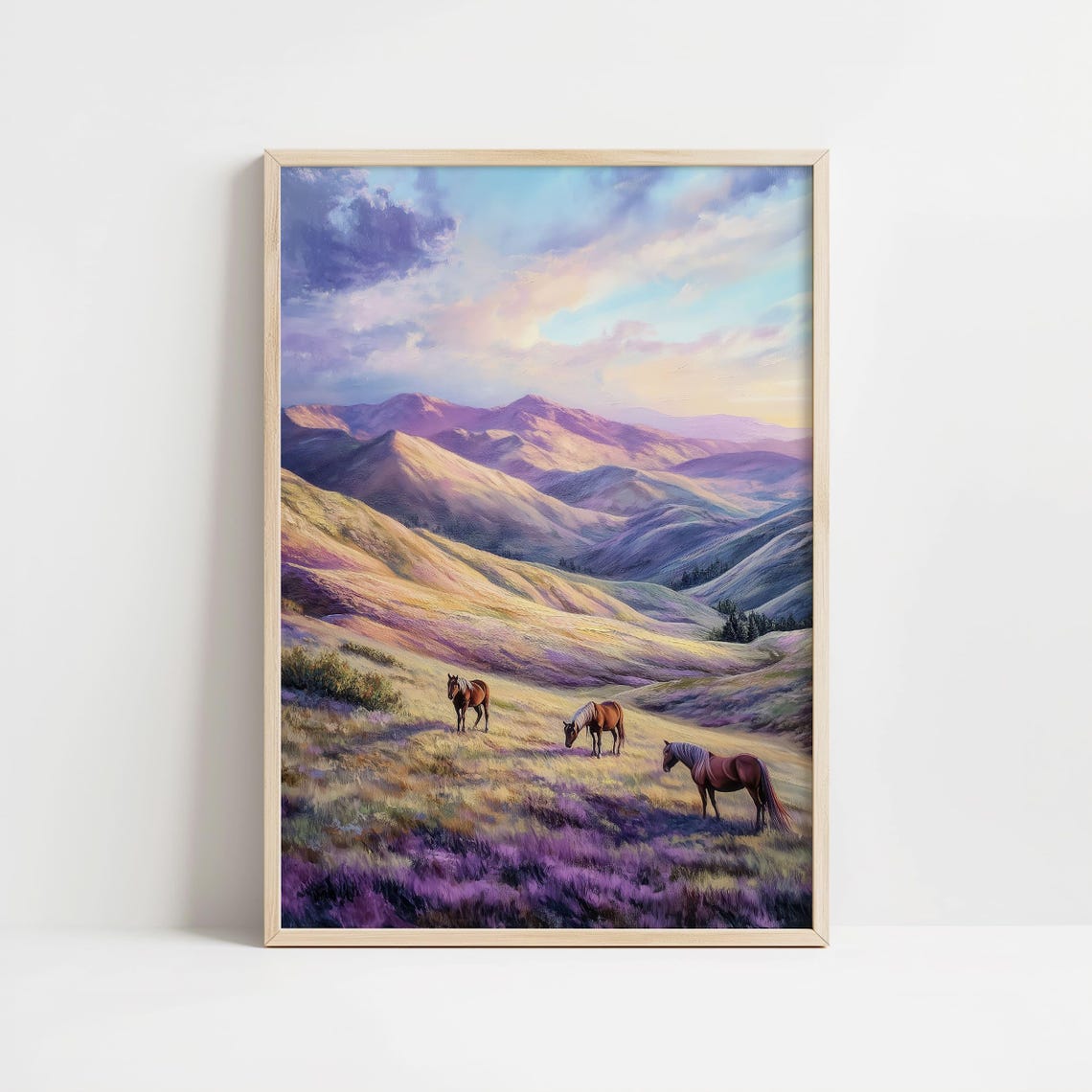 Wild Horses Grazing In Purple Mountain Meadow At Sunset Poster - Image 8