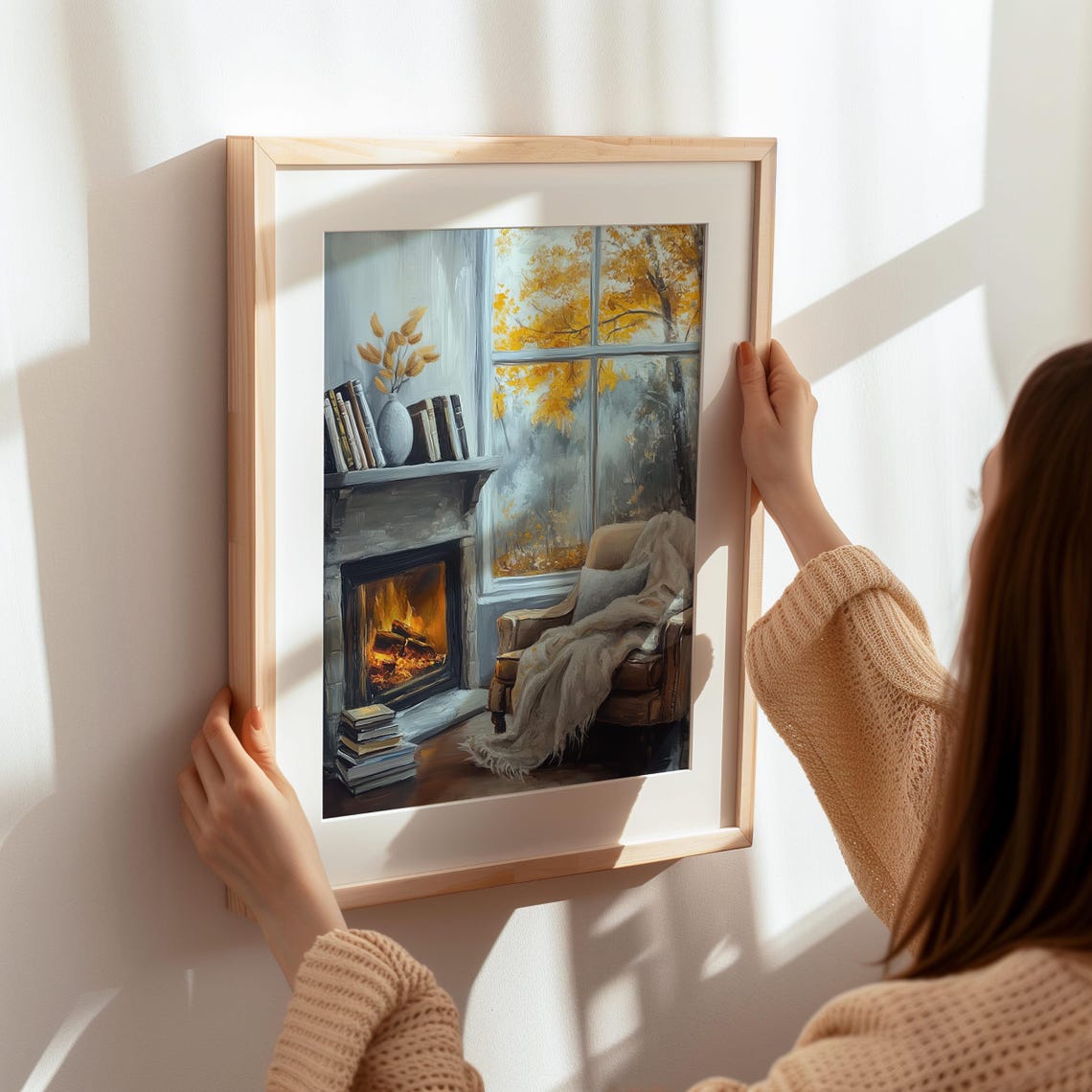 Cozy Fireplace Reading Corner With Autumn Window View Poster - Image 5