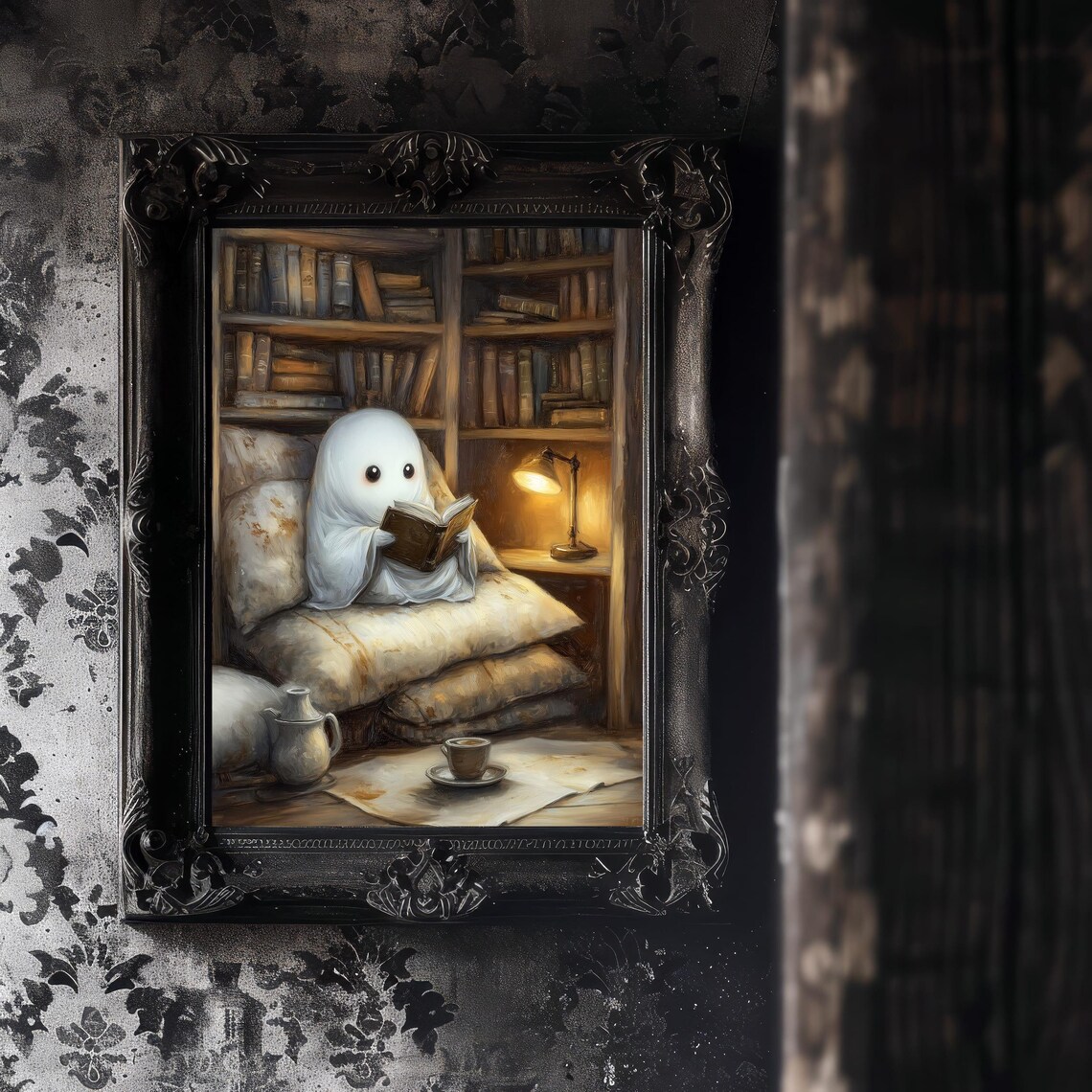 Cozy Ghost Library Art Print, Bookish Halloween Decor - Image 3