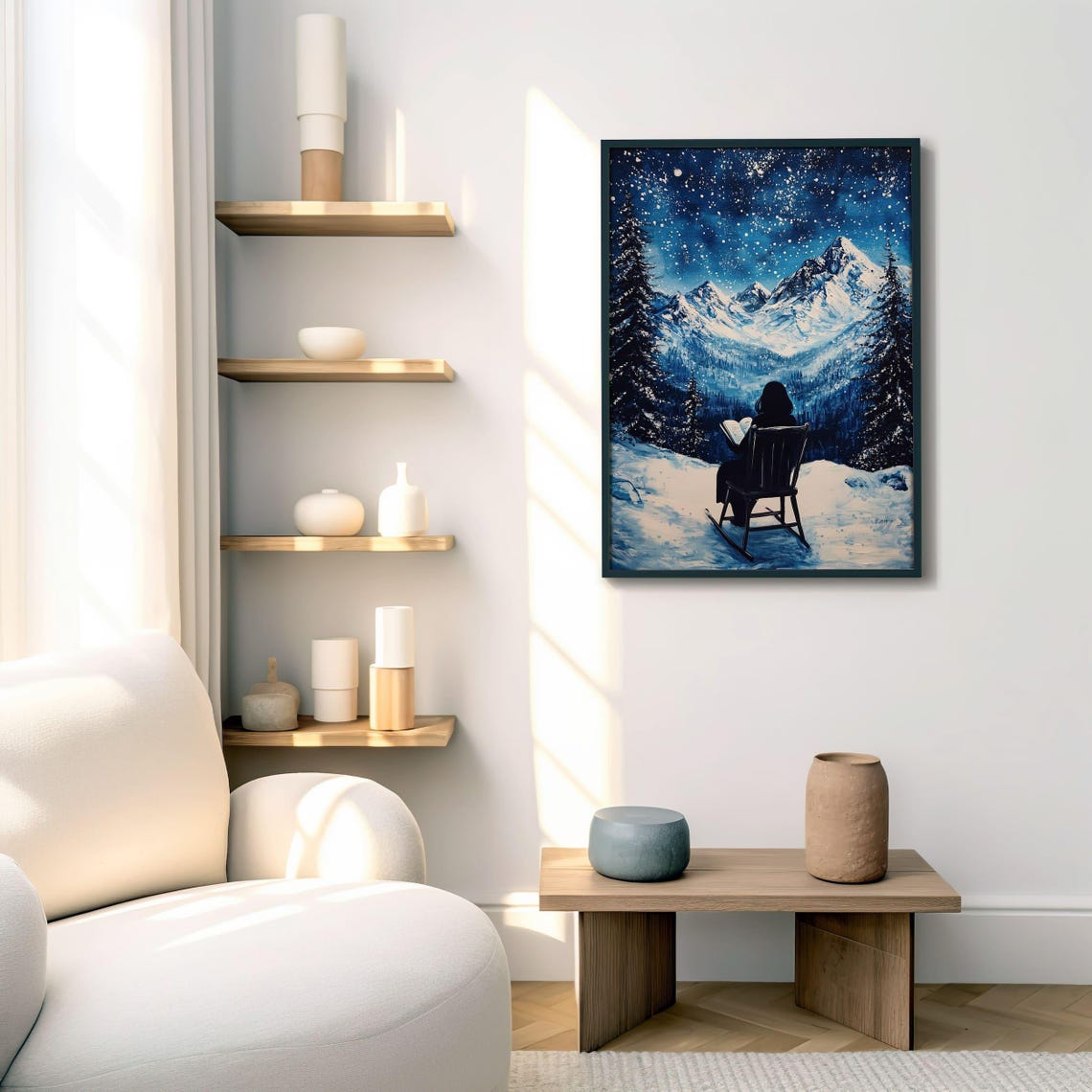 Reader in Rocking Chair Under Starry Night Snowy Mountain View Poster - Image 7