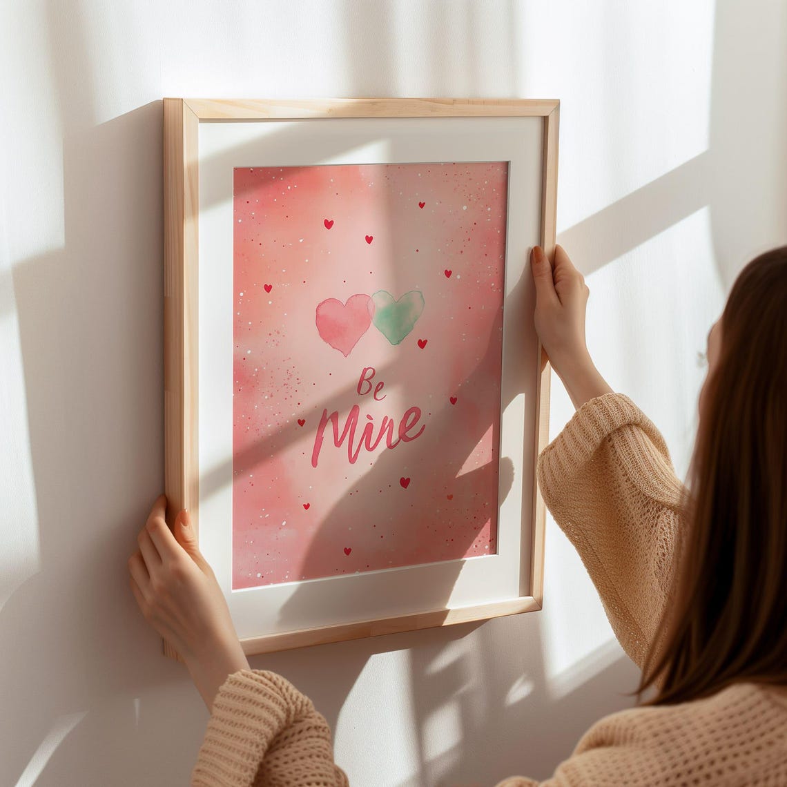 Be Mine Watercolor Pink Hearts Valentine Love Romantic Script Poster - Image 3